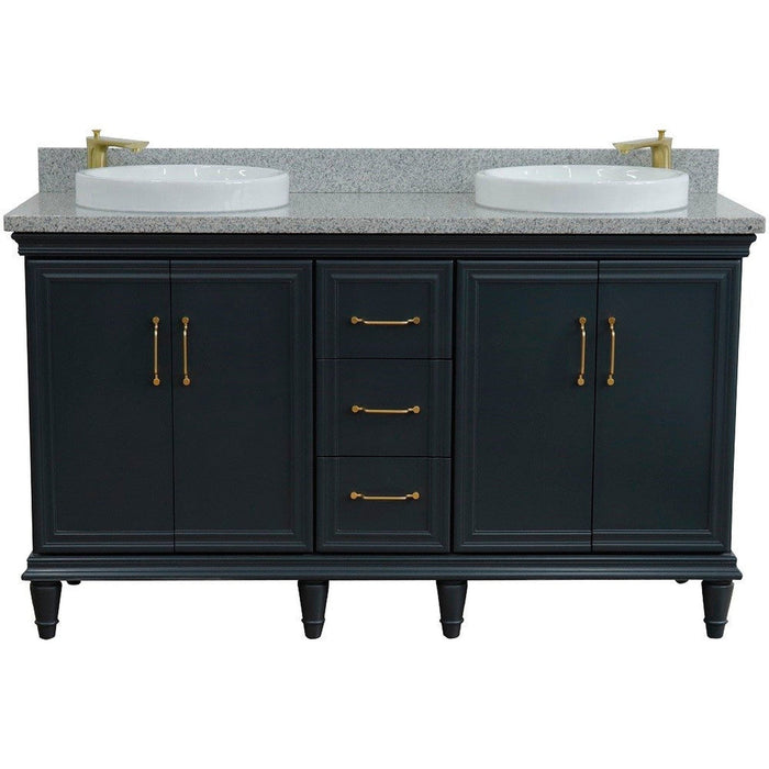 Bellaterra Home Forli 61" 4-Door 3-Drawer Dark Gray Freestanding Vanity Set With Ceramic Double Vessel Sink and Gray Granite Top - Luxe Vanity & Tub