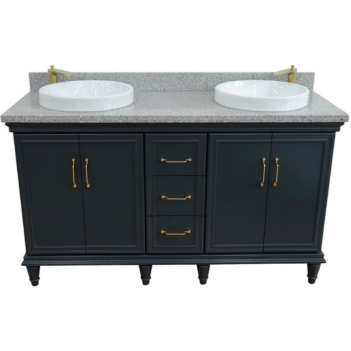 Bellaterra Home Forli 61" 4-Door 3-Drawer Dark Gray Freestanding Vanity Set With Ceramic Double Vessel Sink and Gray Granite Top - Luxe Vanity & Tub