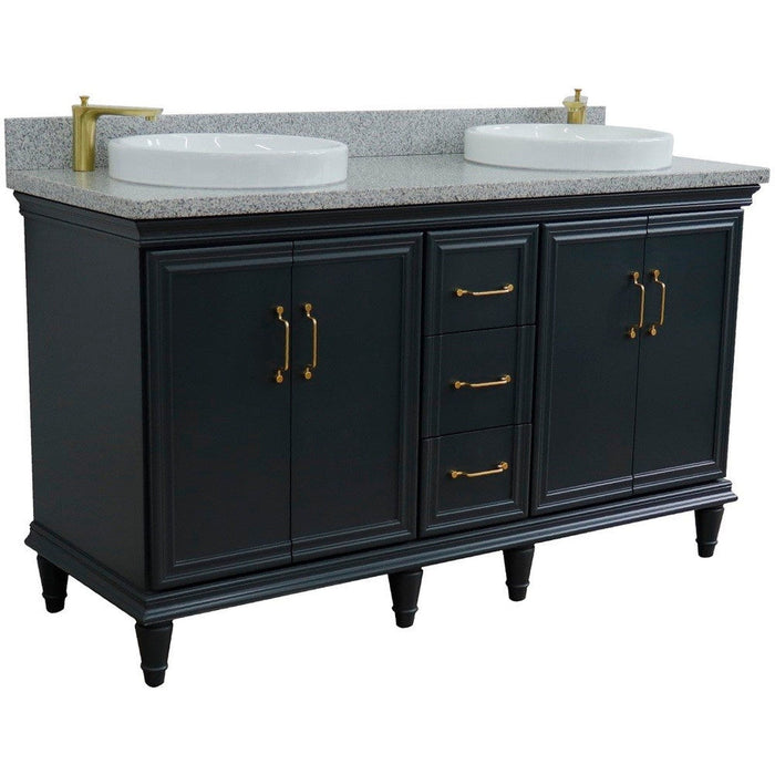 Bellaterra Home Forli 61" 4-Door 3-Drawer Dark Gray Freestanding Vanity Set With Ceramic Double Vessel Sink and Gray Granite Top - Luxe Vanity & Tub