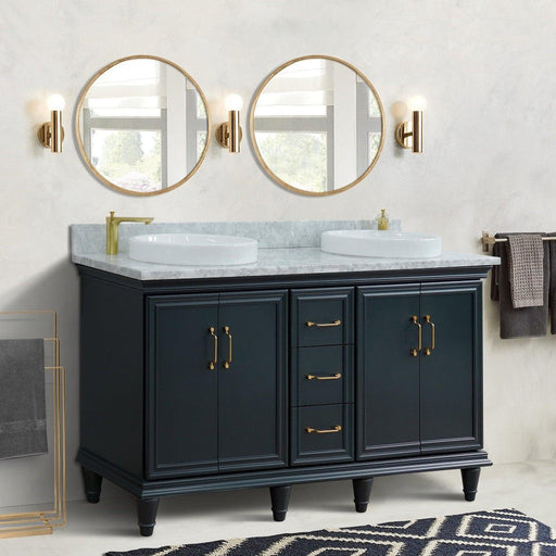 Bellaterra Home Forli 61" 4-Door 3-Drawer Dark Gray Freestanding Vanity Set With Ceramic Double Vessel Sink and White Carrara Marble Top