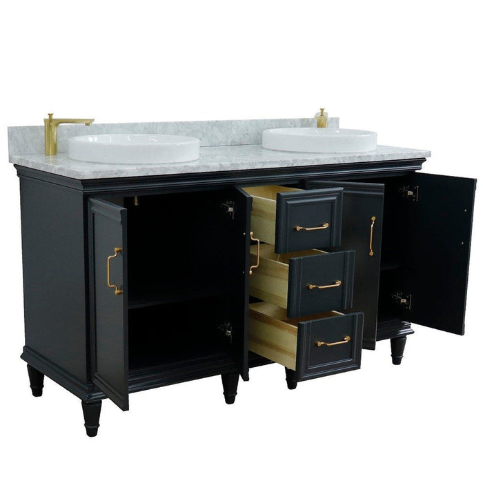 Bellaterra Home Forli 61" 4-Door 3-Drawer Dark Gray Freestanding Vanity Set With Ceramic Double Vessel Sink and White Carrara Marble Top - Luxe Vanity & Tub