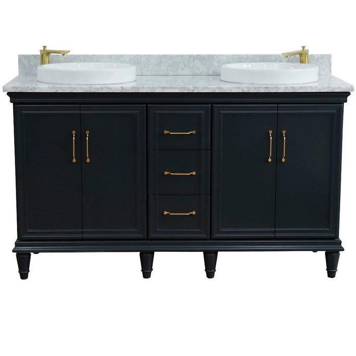 Bellaterra Home Forli 61" 4-Door 3-Drawer Dark Gray Freestanding Vanity Set With Ceramic Double Vessel Sink and White Carrara Marble Top - Luxe Vanity & Tub