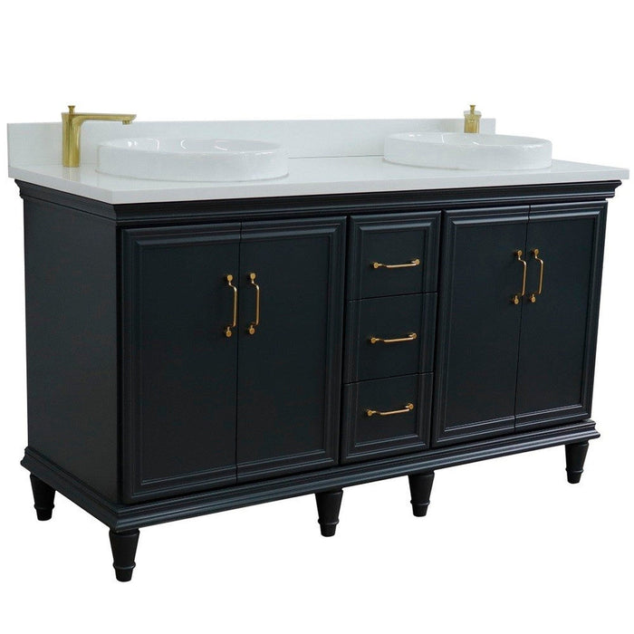 Bellaterra Home Forli 61" 4-Door 3-Drawer Dark Gray Freestanding Vanity Set With Ceramic Double Vessel Sink and White Quartz Top - Luxe Vanity & Tub