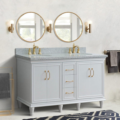 Bellaterra Home Forli 61" 4-Door 3-Drawer White Freestanding Vanity Set With Ceramic Double Undermount Oval Sink and Gray Granite Top