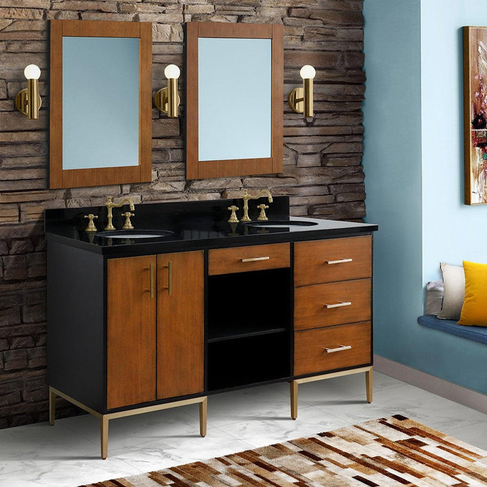 Bellaterra Home Imola 61" 2-Door 4-Drawer 2-Shelf Walnut and Black Freestanding Vanity Set With Ceramic Double Undermount Oval Sink and Black Galaxy Granite Top