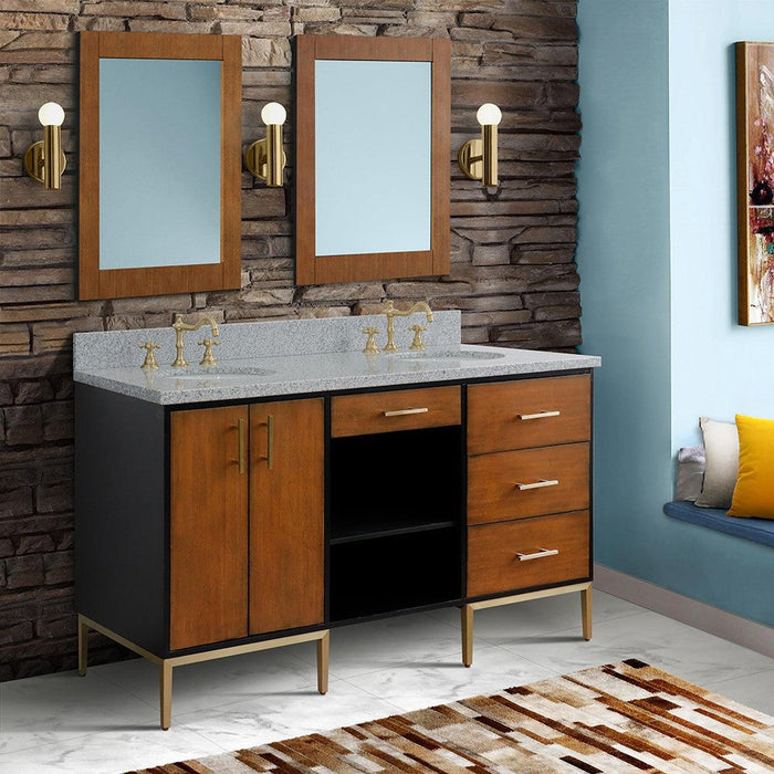 Bellaterra Home Imola 61" 2-Door 4-Drawer 2-Shelf Walnut and Black Freestanding Vanity Set With Ceramic Double Undermount Oval Sink and Gray Granite Top