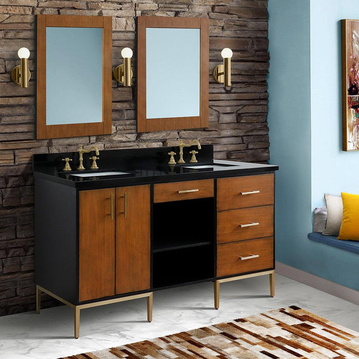 Bellaterra Home Imola 61" 2-Door 4-Drawer 2-Shelf Walnut and Black Freestanding Vanity Set With Ceramic Double Undermount Rectangular Sink and Black Galaxy Granite Top