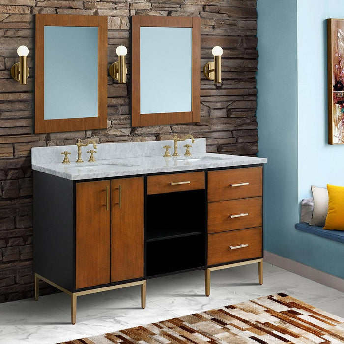 Bellaterra Home Imola 61" 2-Door 4-Drawer 2-Shelf Walnut and Black Freestanding Vanity Set With Ceramic Double Undermount Rectangular Sink and White Carrara Marble Top