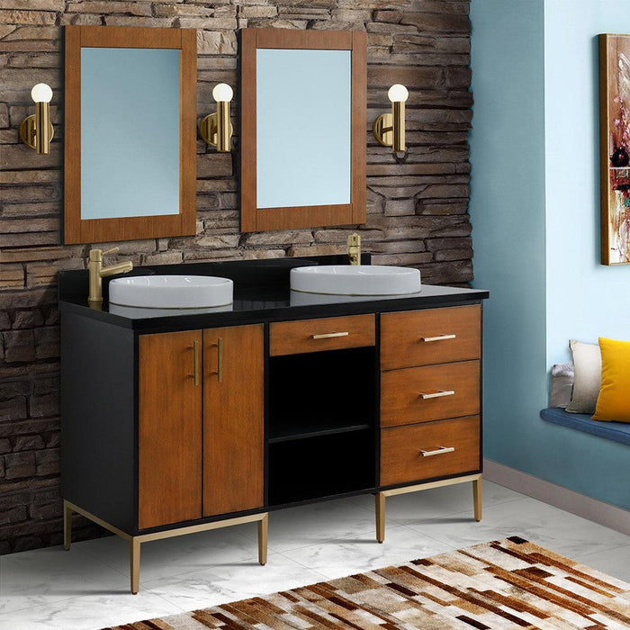 Bellaterra Home Imola 61" 2-Door 4-Drawer 2-Shelf Walnut and Black Freestanding Vanity Set With Ceramic Double Vessel Sink and Black Galaxy Granite Top