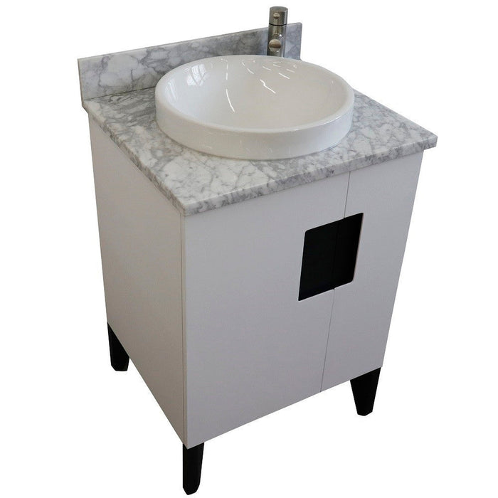 Bellaterra Home Kolb 25" 2-Door 1-Drawer White Freestanding Vanity Set With Ceramic Vessel Sink and White Carrara Marble Top - Luxe Vanity & Tub