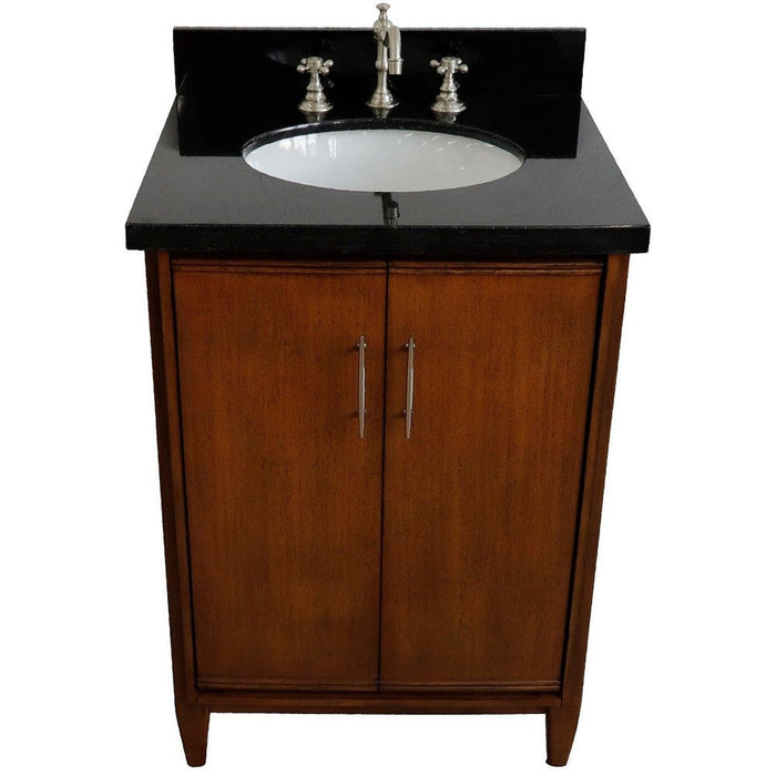 Bellaterra Home MCM 25" 2-Door 1-Drawer Walnut Freestanding Vanity Set With Ceramic Undermount Oval Sink and Black Galaxy Granite Top - Luxe Vanity & Tub