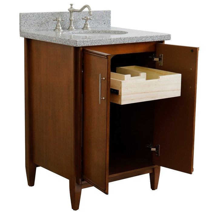 Bellaterra Home MCM 25" 2-Door 1-Drawer Walnut Freestanding Vanity Set With Ceramic Undermount Oval Sink and Gray Granite Top - Luxe Vanity & Tub