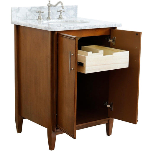 Bellaterra Home MCM 25" 2-Door 1-Drawer Walnut Freestanding Vanity Set With Ceramic Undermount Oval Sink and White Carrara Marble Top - Luxe Vanity & Tub