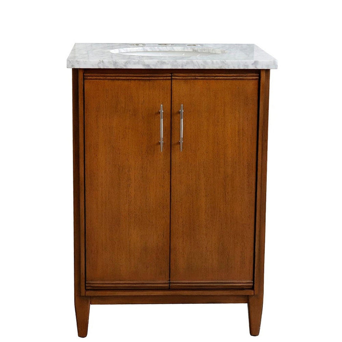 Bellaterra Home MCM 25" 2-Door 1-Drawer Walnut Freestanding Vanity Set With Ceramic Undermount Oval Sink and White Carrara Marble Top - Luxe Vanity & Tub