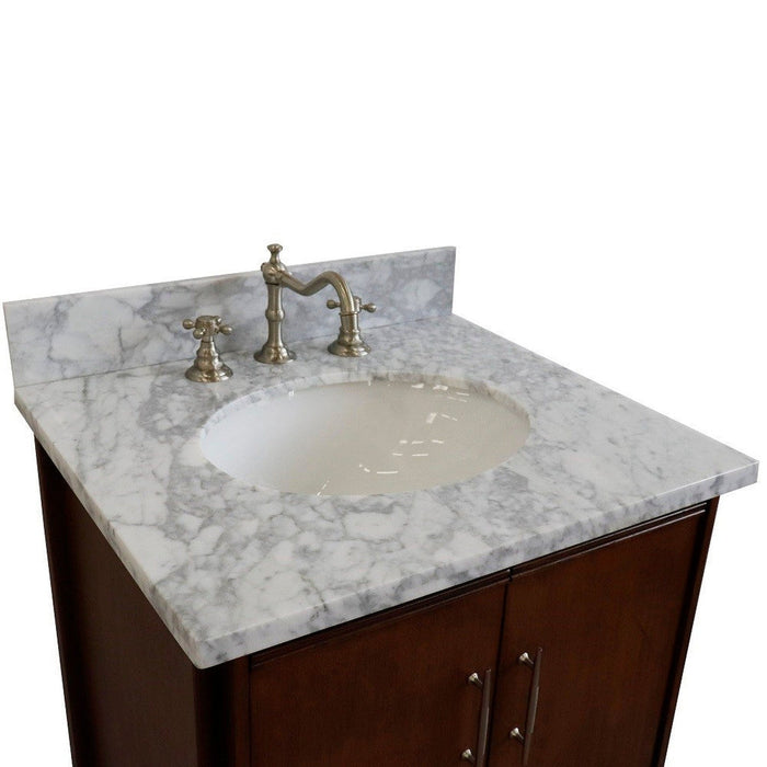 Bellaterra Home MCM 25" 2-Door 1-Drawer Walnut Freestanding Vanity Set With Ceramic Undermount Oval Sink and White Carrara Marble Top - Luxe Vanity & Tub