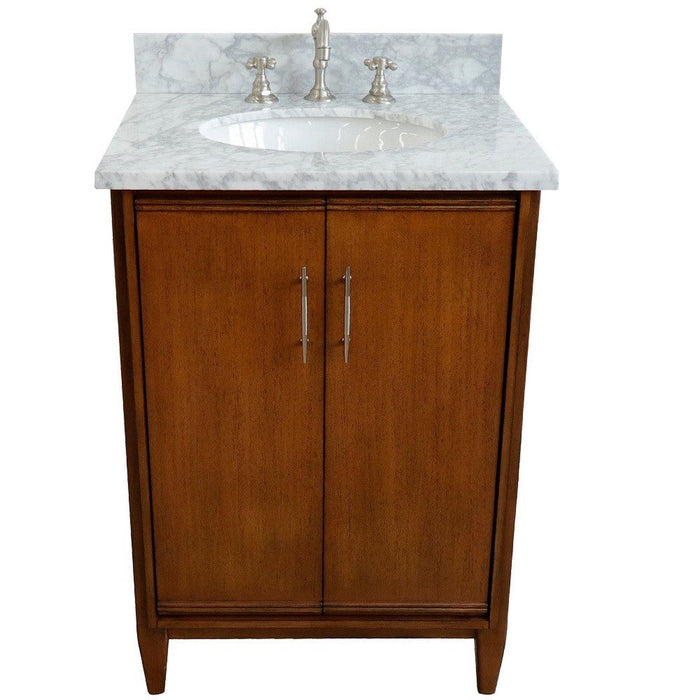 Bellaterra Home MCM 25" 2-Door 1-Drawer Walnut Freestanding Vanity Set With Ceramic Undermount Oval Sink and White Carrara Marble Top - Luxe Vanity & Tub