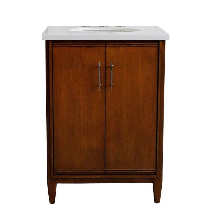 Bellaterra Home MCM 25" 2-Door 1-Drawer Walnut Freestanding Vanity Set With Ceramic Undermount Oval Sink and White Quartz Top - Luxe Vanity & Tub