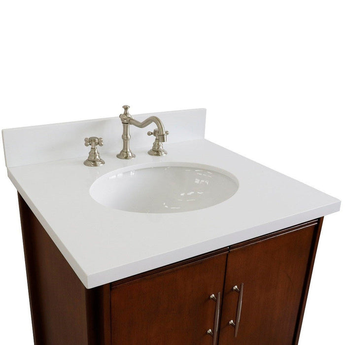 Bellaterra Home MCM 25" 2-Door 1-Drawer Walnut Freestanding Vanity Set With Ceramic Undermount Oval Sink and White Quartz Top - Luxe Vanity & Tub