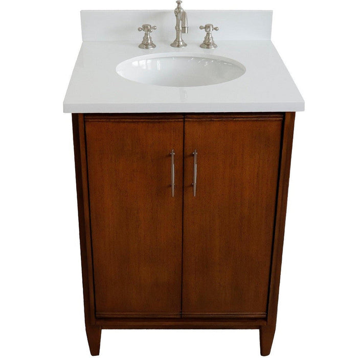 Bellaterra Home MCM 25" 2-Door 1-Drawer Walnut Freestanding Vanity Set With Ceramic Undermount Oval Sink and White Quartz Top - Luxe Vanity & Tub