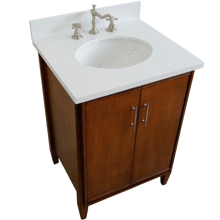 Bellaterra Home MCM 25" 2-Door 1-Drawer Walnut Freestanding Vanity Set With Ceramic Undermount Oval Sink and White Quartz Top - Luxe Vanity & Tub