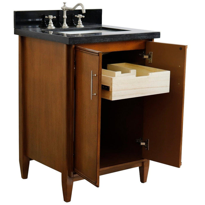 Bellaterra Home MCM 25" 2-Door 1-Drawer Walnut Freestanding Vanity Set With Ceramic Undermount Rectangular Sink and Black Galaxy Granite Top - Luxe Vanity & Tub