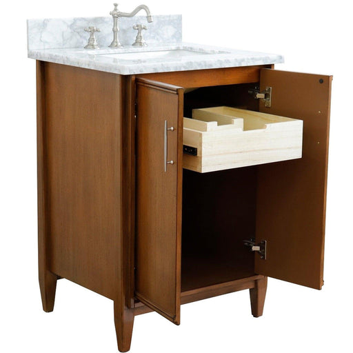 Bellaterra Home MCM 25" 2-Door 1-Drawer Walnut Freestanding Vanity Set With Ceramic Undermount Rectangular Sink and White Carrara Marble Top - Luxe Vanity & Tub