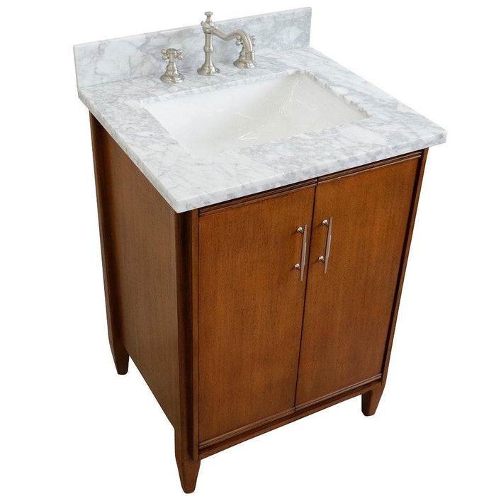 Bellaterra Home MCM 25" 2-Door 1-Drawer Walnut Freestanding Vanity Set With Ceramic Undermount Rectangular Sink and White Carrara Marble Top - Luxe Vanity & Tub