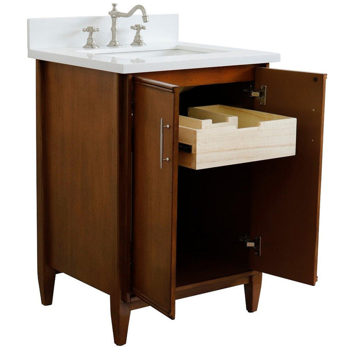 Bellaterra Home MCM 25" 2-Door 1-Drawer Walnut Freestanding Vanity Set With Ceramic Undermount Rectangular Sink and White Quartz Top - Luxe Vanity & Tub