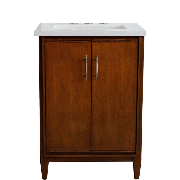 Bellaterra Home MCM 25" 2-Door 1-Drawer Walnut Freestanding Vanity Set With Ceramic Undermount Rectangular Sink and White Quartz Top - Luxe Vanity & Tub