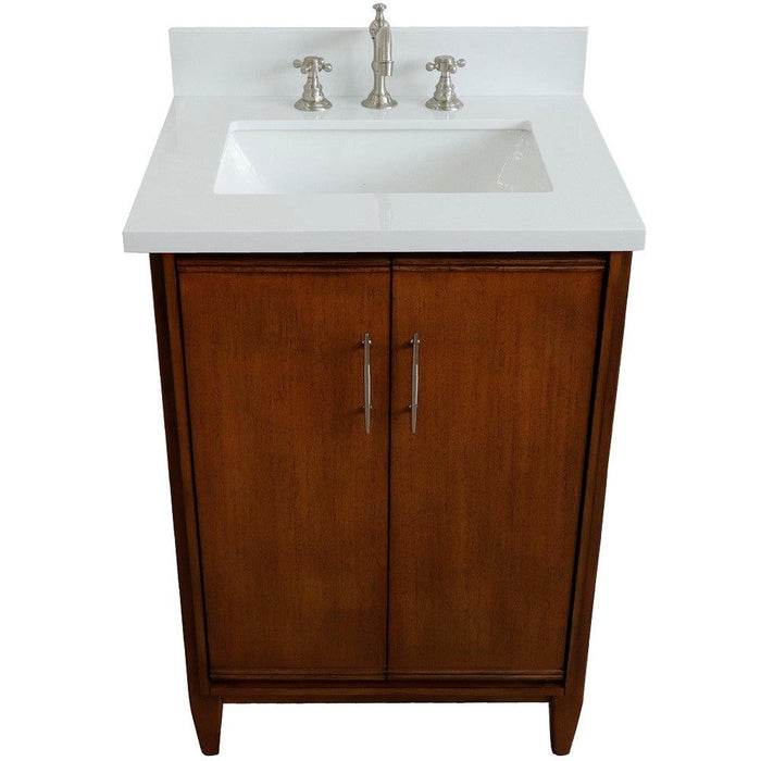 Bellaterra Home MCM 25" 2-Door 1-Drawer Walnut Freestanding Vanity Set With Ceramic Undermount Rectangular Sink and White Quartz Top - Luxe Vanity & Tub