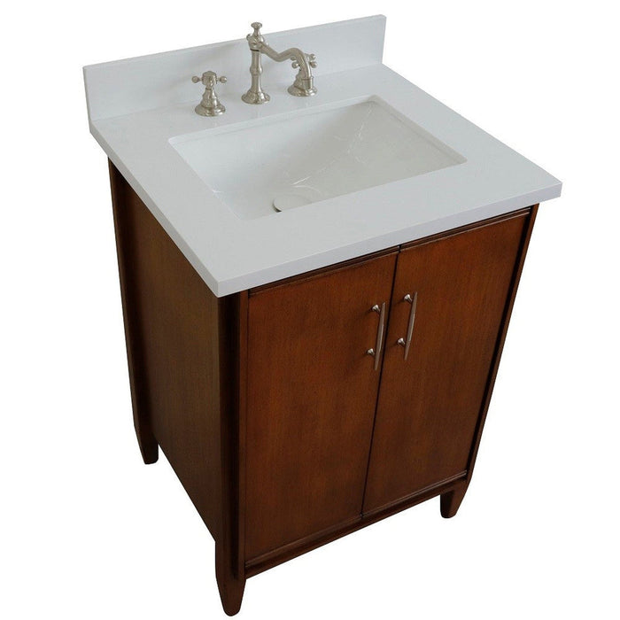 Bellaterra Home MCM 25" 2-Door 1-Drawer Walnut Freestanding Vanity Set With Ceramic Undermount Rectangular Sink and White Quartz Top - Luxe Vanity & Tub