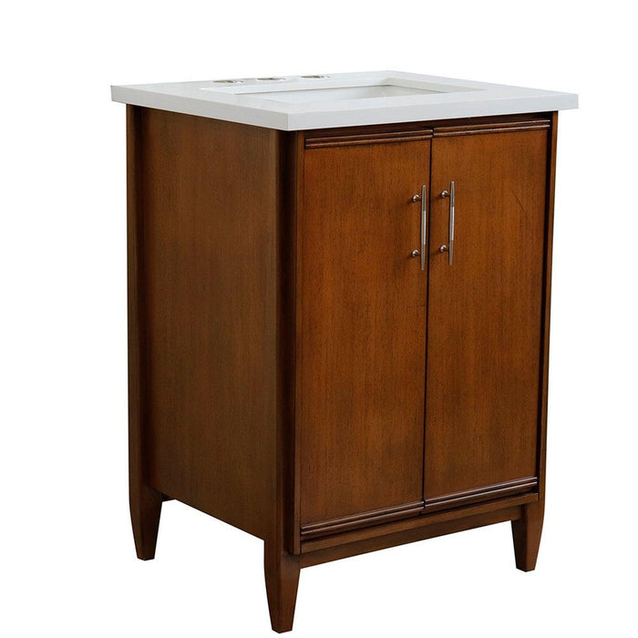 Bellaterra Home MCM 25" 2-Door 1-Drawer Walnut Freestanding Vanity Set With Ceramic Undermount Rectangular Sink and White Quartz Top - Luxe Vanity & Tub