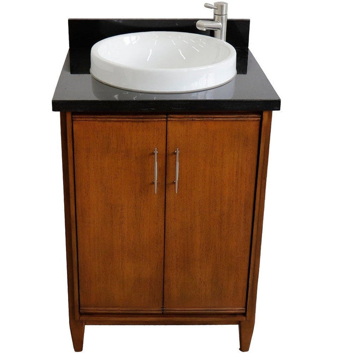 Bellaterra Home MCM 25" 2-Door 1-Drawer Walnut Freestanding Vanity Set With Ceramic Vessel Sink and Black Galaxy Granite Top - Luxe Vanity & Tub