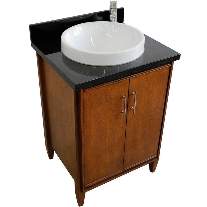 Bellaterra Home MCM 25" 2-Door 1-Drawer Walnut Freestanding Vanity Set With Ceramic Vessel Sink and Black Galaxy Granite Top - Luxe Vanity & Tub