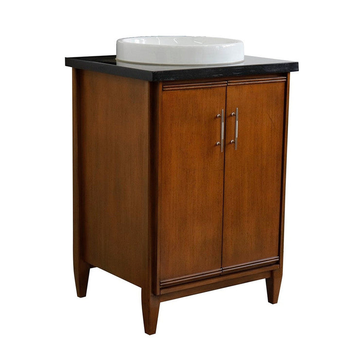 Bellaterra Home MCM 25" 2-Door 1-Drawer Walnut Freestanding Vanity Set With Ceramic Vessel Sink and Black Galaxy Granite Top - Luxe Vanity & Tub