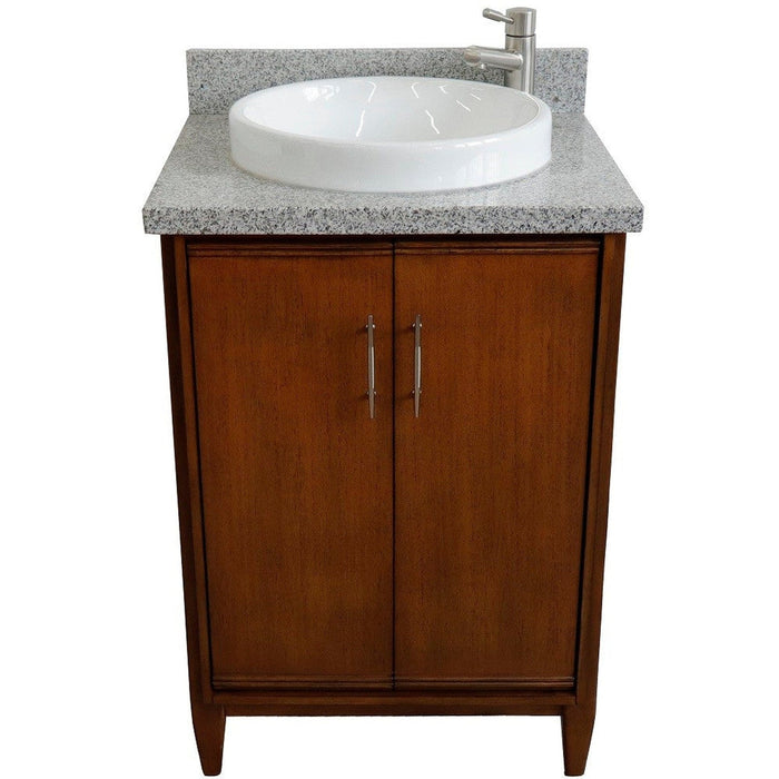 Bellaterra Home MCM 25" 2-Door 1-Drawer Walnut Freestanding Vanity Set With Ceramic Vessel Sink and Gray Granite Top - Luxe Vanity & Tub