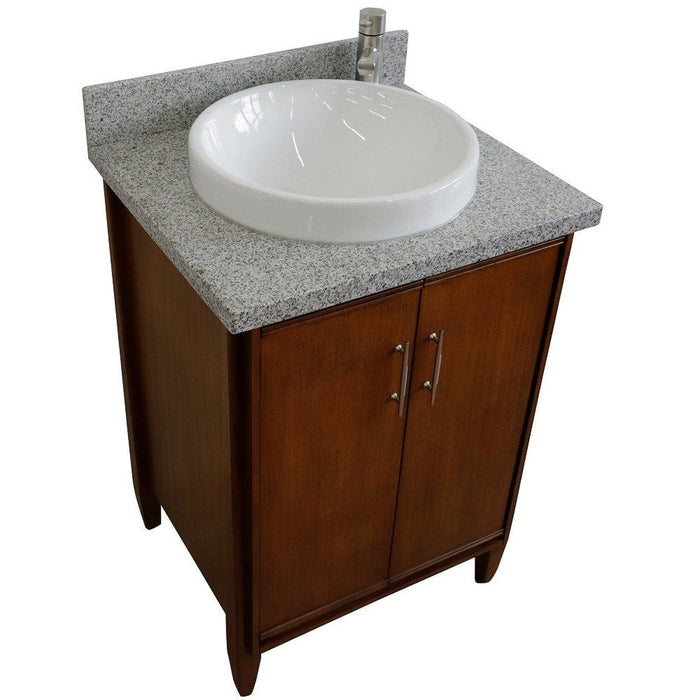 Bellaterra Home MCM 25" 2-Door 1-Drawer Walnut Freestanding Vanity Set With Ceramic Vessel Sink and Gray Granite Top - Luxe Vanity & Tub