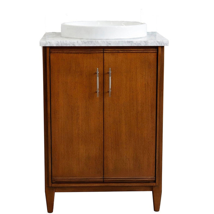 Bellaterra Home MCM 25" 2-Door 1-Drawer Walnut Freestanding Vanity Set With Ceramic Vessel Sink and White Carrara Marble Top - Luxe Vanity & Tub