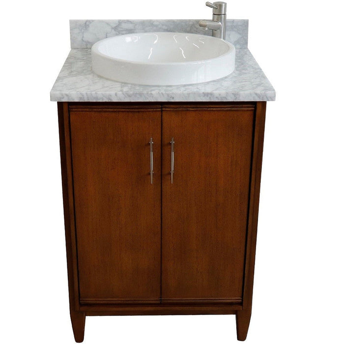 Bellaterra Home MCM 25" 2-Door 1-Drawer Walnut Freestanding Vanity Set With Ceramic Vessel Sink and White Carrara Marble Top - Luxe Vanity & Tub