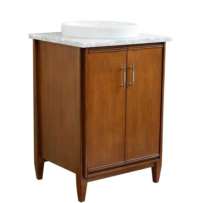 Bellaterra Home MCM 25" 2-Door 1-Drawer Walnut Freestanding Vanity Set With Ceramic Vessel Sink and White Carrara Marble Top - Luxe Vanity & Tub