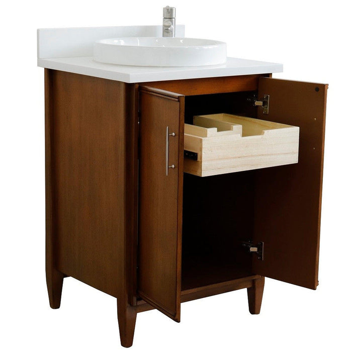 Bellaterra Home MCM 25" 2-Door 1-Drawer Walnut Freestanding Vanity Set With Ceramic Vessel Sink and White Quartz Top - Luxe Vanity & Tub