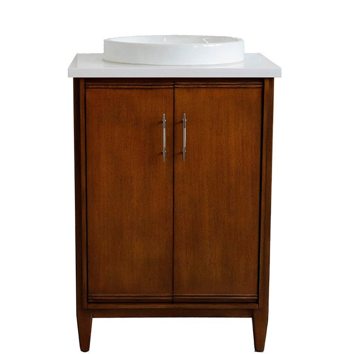 Bellaterra Home MCM 25" 2-Door 1-Drawer Walnut Freestanding Vanity Set With Ceramic Vessel Sink and White Quartz Top - Luxe Vanity & Tub