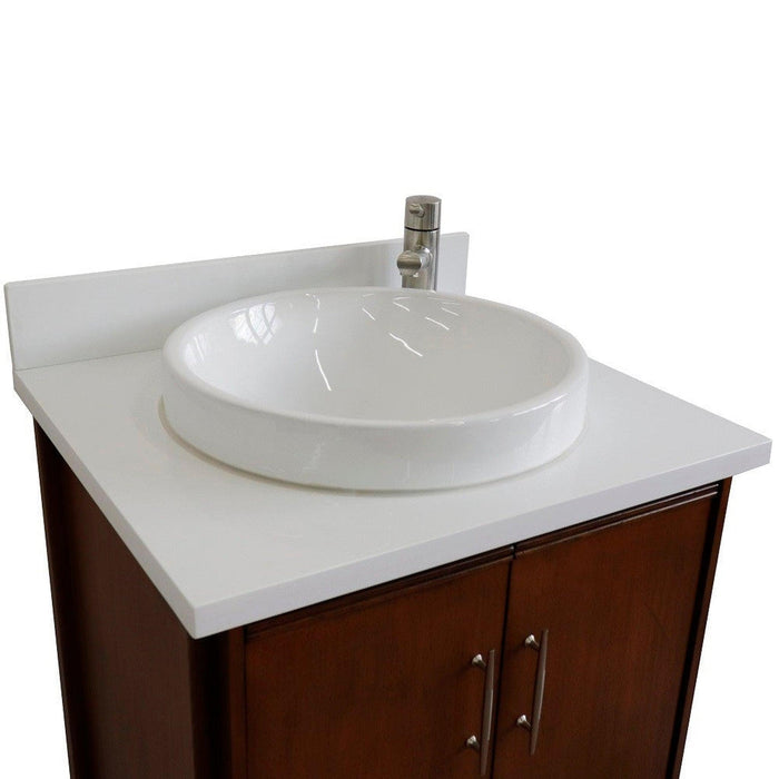 Bellaterra Home MCM 25" 2-Door 1-Drawer Walnut Freestanding Vanity Set With Ceramic Vessel Sink and White Quartz Top - Luxe Vanity & Tub