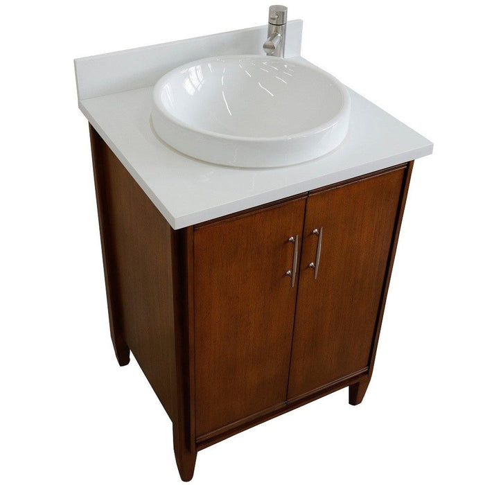 Bellaterra Home MCM 25" 2-Door 1-Drawer Walnut Freestanding Vanity Set With Ceramic Vessel Sink and White Quartz Top - Luxe Vanity & Tub