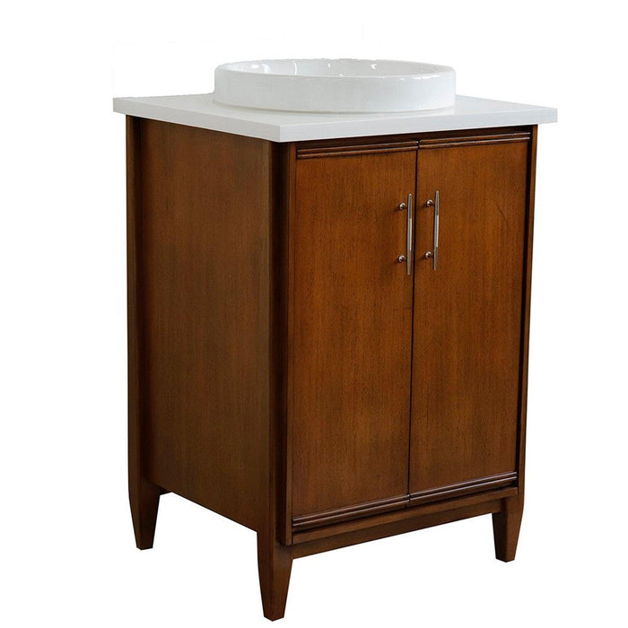 Bellaterra Home MCM 25" 2-Door 1-Drawer Walnut Freestanding Vanity Set With Ceramic Vessel Sink and White Quartz Top - Luxe Vanity & Tub