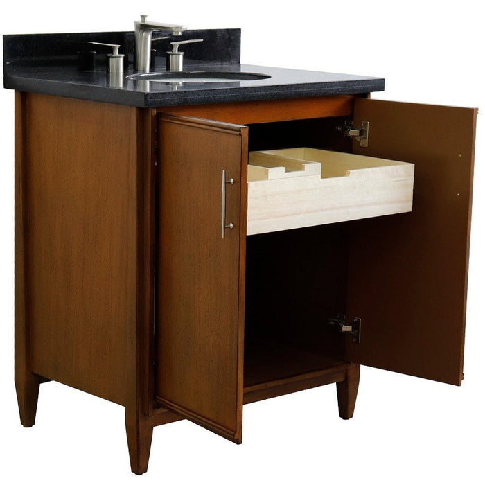 Bellaterra Home MCM 31" 2-Door 1-Drawer Walnut Freestanding Vanity Set With Ceramic Undermount Oval Sink And Black Galaxy Granite Top - Luxe Vanity & Tub