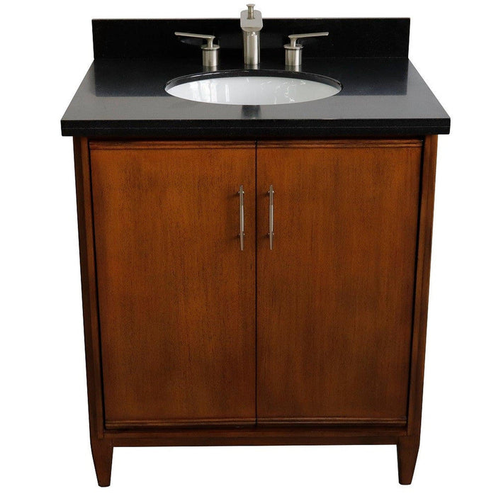 Bellaterra Home MCM 31" 2-Door 1-Drawer Walnut Freestanding Vanity Set With Ceramic Undermount Oval Sink And Black Galaxy Granite Top - Luxe Vanity & Tub