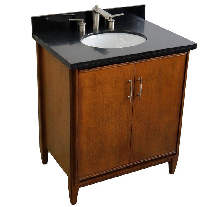 Bellaterra Home MCM 31" 2-Door 1-Drawer Walnut Freestanding Vanity Set With Ceramic Undermount Oval Sink And Black Galaxy Granite Top - Luxe Vanity & Tub