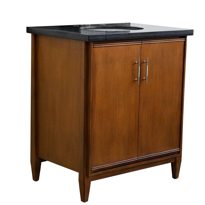 Bellaterra Home MCM 31" 2-Door 1-Drawer Walnut Freestanding Vanity Set With Ceramic Undermount Oval Sink And Black Galaxy Granite Top - Luxe Vanity & Tub