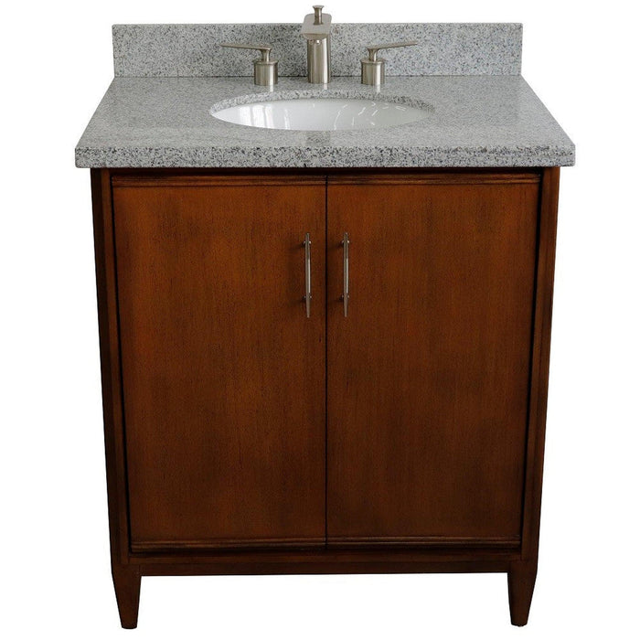 Bellaterra Home MCM 31" 2-Door 1-Drawer Walnut Freestanding Vanity Set With Ceramic Undermount Oval Sink And Gray Granite Top - Luxe Vanity & Tub